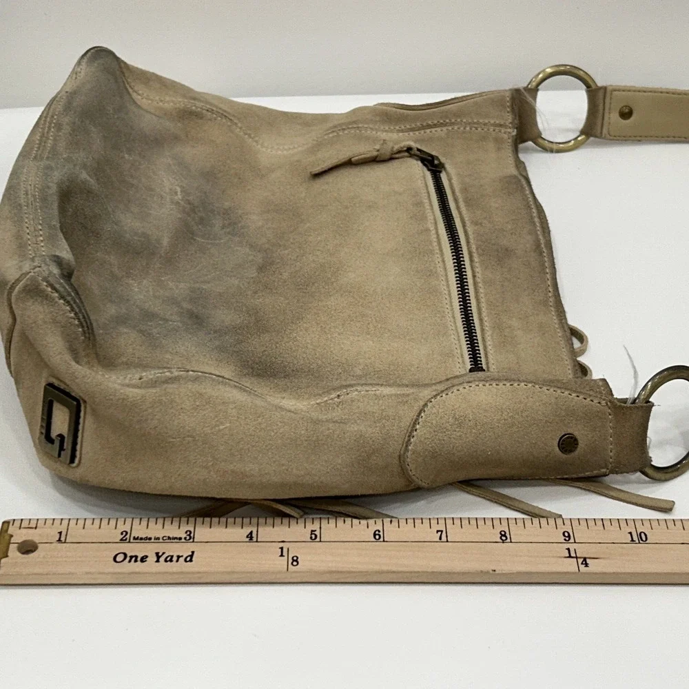Guess Leather Suede Beige Tan Y2K‎ Hobo Shoulder Fringe Top Zip HandBag Purse